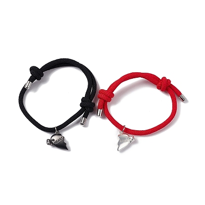 2Pcs 2 Color Magnet Alloy Matching Heart Charm Bracelets Set, Word Heart Break Couple Bracelets for Best Friends Lovers