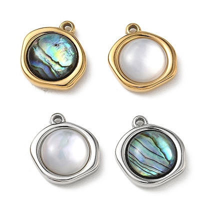 Natural Shell Pendants, 304 Stainless Steel Irregular Flat Round Charms
