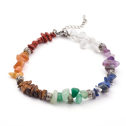 Chakra chips pierres précieuses naturelles bracelets de cheville perlés, avec des perles d'alliage, argent antique et platine
