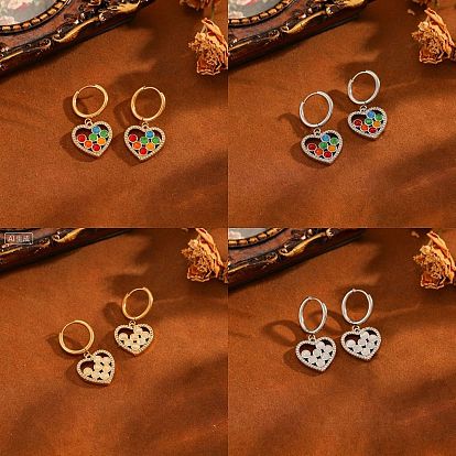 304 Stainless Steel Pave Clear Cubic Zirconia Heart Hoop Earrings for Women, Glass Dangle Earrings