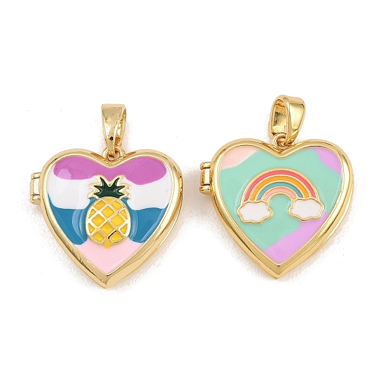 Brass with Enamel Locket Pendants, Heart Charms, Cadmium Free & Lead Free, Long-Lasting Plated, Rack Plating, Colorful
