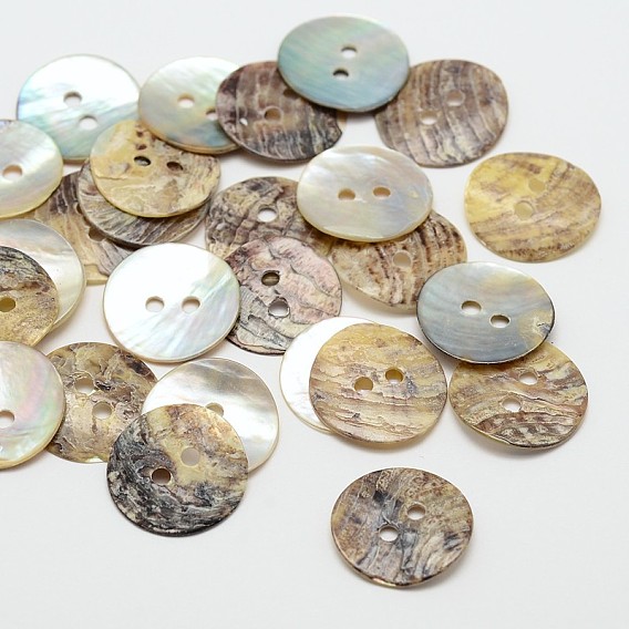 2-Hole Flat Round Mother of Pearl Buttons, Akoya Shell Button, 15x1mm, Hole: 2mm, about 2880pcs/bag