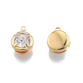 Brass Micro Pave Clear Cubic Zirconia Charms, Single Stone Charms, Flat Round