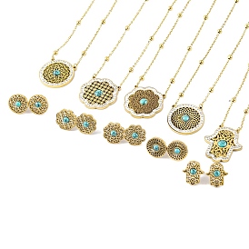 Round/Flower/Hamsa Hand Synthetic Turquoise Stud Earrings & Pendant Necklaces Sets, 304 Stainless Steel Rhinestone Jewelry Sets for Women