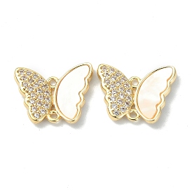 Brass Micro Pave Clear Cubic Zirconia Connectors Charms, with Shell, Butterfly Links