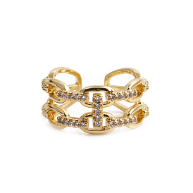 Gold-tone Double-layered Twisted Chain Ring with CZ Stones for Men
