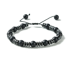 Black Glass & Non-magnetic Synthetic Hematite Round Braided Bead Bracelet, Adjustable Bracelet