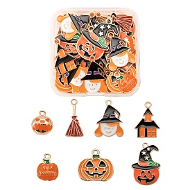 56Pcs 7 Style Light Gold Halloween Theme Alloy Enamel Pendants, House & Pumpkin & Witch with Hat & Broom