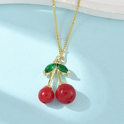 Латунная смола кулон в виде вишни с подвеской на цепочке-спутнице с зеленым кубическим цирконием лист для женщин, темно-красный