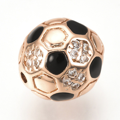 Brass Micro Pave Cubic Zirconia Beads, with Enamel, FootBall/Soccer Ball