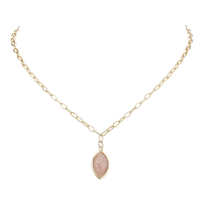 Brass Paperclip Chain Necklaces for Women, Horse Eye Natural Sunstone Pendant Necklaces