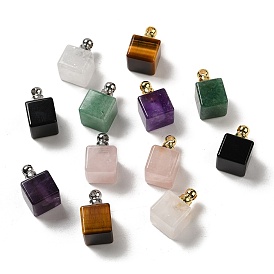 Natural Gemstone Perfume Bottle Pendants, Square Charms with 304 Stainless Steel Findings