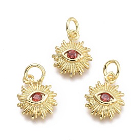 Brass Micro Pave Cubic Zirconia Pendants, with Jump Ring, Sun with Eye, Real 18K Gold Plated