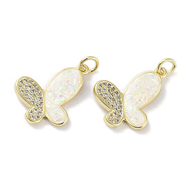 Brass Micro Pave Clear Cubic Zirconia Pendants, with Synthetic Opal and Jump Rings, Real 18K Gold Plated, Butterfly Charms