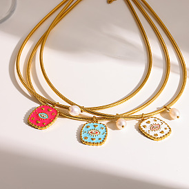 304 Stainless Steel Enamel Evil Eye Rectangle Pendant Necklaces with Natural Pearl for Women, Golden