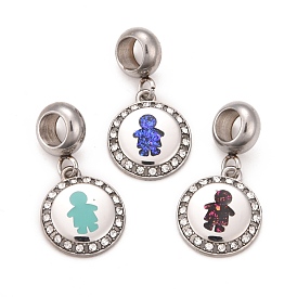 304 dijes colgantes europeos de diamantes de imitación de cristal de acero inoxidable, Grandes colgantes agujero, con esmalte y corte de fluorescencia, color acero inoxidable, ronda plana con niño