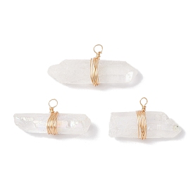 Подвески из натурального кварцевого кристалла с гальваническим покрытием в форме неправильной призмы, подвески-самородки с золотистой медной проволокой в обертке