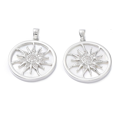 Rack Plating Brass Shell Pendants, Cadmium Free & Nickel Free & Lead Free, with Cubic Zirconia, Long-Lasting Plated, Flat Round with Sun Charms