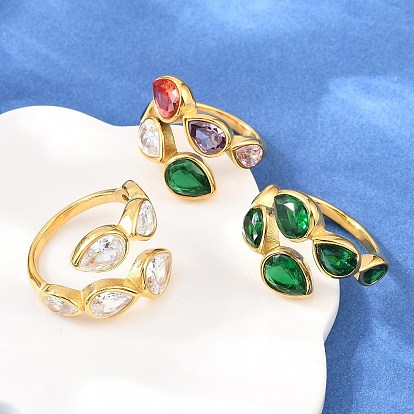 304 Открытые кольца для манжеты из нержавеющей стали с кубическим цирконием, слеза, золотые