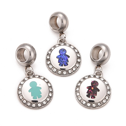 304 dijes colgantes europeos de diamantes de imitación de cristal de acero inoxidable, Grandes colgantes agujero, con esmalte y corte de fluorescencia, color acero inoxidable, ronda plana con niño