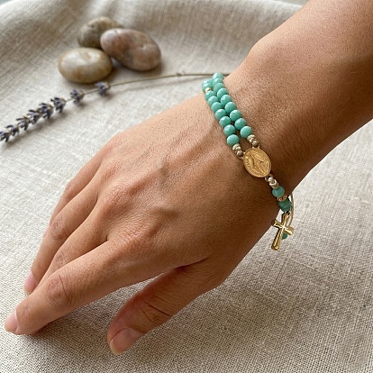 Faceted Rondelle Glass 2-Strand Braided Bead Bracelets with 314 Stainless Steel Religion Cross for Women, Golden