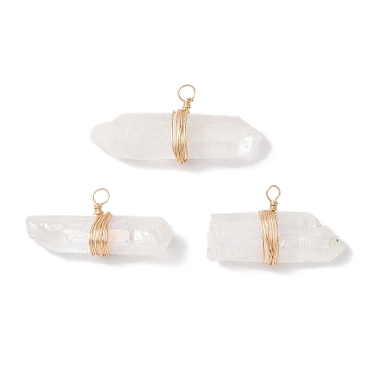 Подвески из натурального кварцевого кристалла с гальваническим покрытием в форме неправильной призмы, подвески-самородки с золотистой медной проволокой в обертке
