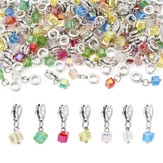 105шт 7 цвета гальванические прозрачные стеклянные подвески, кубические, с петлями из сплава, граненые