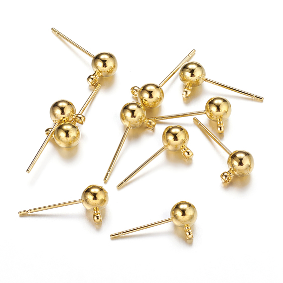 Brass Ball Post Ear Studs, with Loop & 304 Stainless Steel Pins