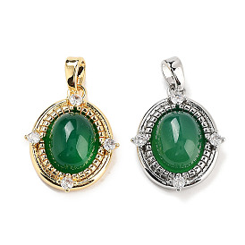 Brass Pave Clear Cubic Zirconia Pendants, Dyed Natural Green Agate Oval Charms