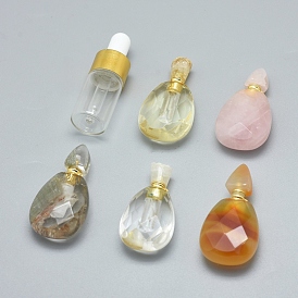 Pendentifs de bouteille de parfum ouvrants de pierres précieuses naturelles à facettes, avec des résultats en laiton et des bouteilles d'huile essentielle en verre