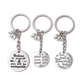 Alloy Keychain Sets, with Iron Split Key Rings, Flat Round & Elephant