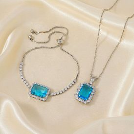 Retro Style Adjustable Brass Cubic Zirconia Jewelry Set, Rectangle Slider Bracelets & Pendant Necklaces for Women