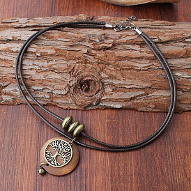 Плоский круглый с подвеской из сплава дерева жизни и дерева, искусственный кожаный шнур, двухслойные ожерелья для женщин, чёрные