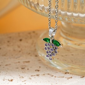 Delicate Grape Brass Rhinestones Pendant Necklace with Cable Chain for Women Girl