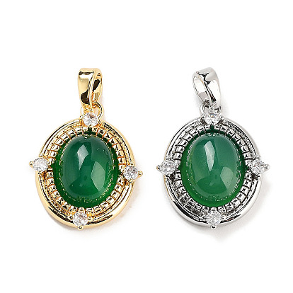 Подвески из латуни с прозрачным фианитом, Овальные подвески из окрашенного натурального зеленого агата