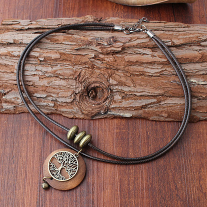 Плоский круглый с подвеской из сплава дерева жизни и дерева, искусственный кожаный шнур, двухслойные ожерелья для женщин, чёрные