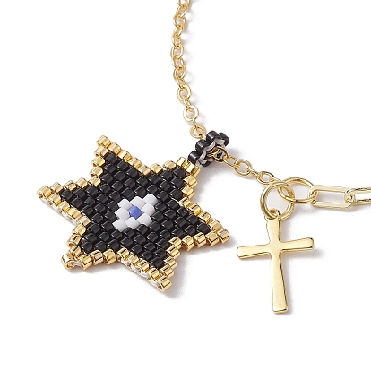 Glass Seed Star & Brass Cross Charm Bracelets, with Paperclip Chains