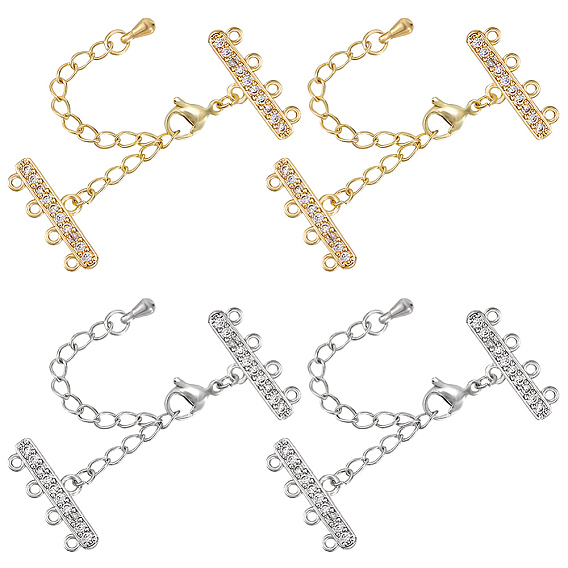 4 наборы 2 цвета латунь микропаве кубический цирконий удлинитель цепочки, застежки для ожерелья, с 4 нитями 8 и концами застежки омара, без никеля , прозрачные