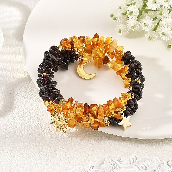 Natural Amber & Garnet Chip Beaded Wrap Bracelets, Brass Sun & 304 Stainless Moon Star Charm Bracelets for Women