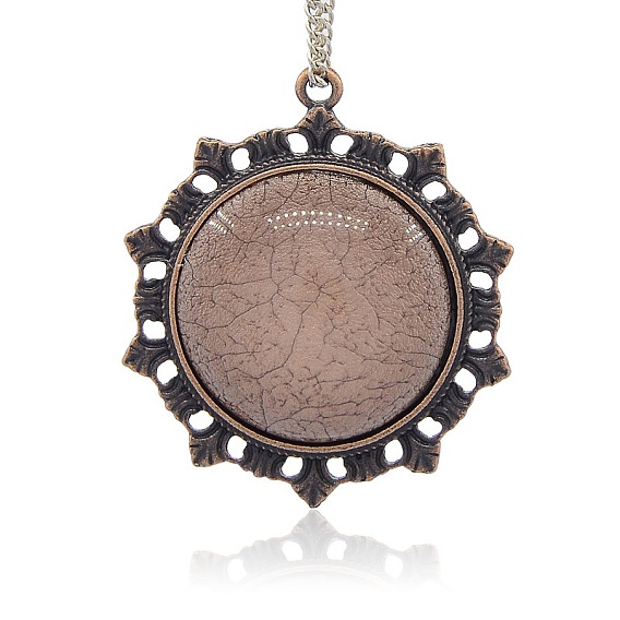 Red Copper Tone Alloy Resin Pendants, Flat Round, Nickel Free, 47x41x8mm, Hole: 2mm