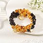 Natural Amber & Garnet Chip Beaded Wrap Bracelets, Brass Sun & 304 Stainless Moon Star Charm Bracelets for Women