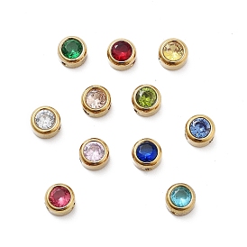 304 Stainless Steel Glass Beads, Birthstone Beads, Flat Round, Real 18K Gold Plated