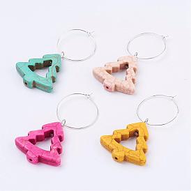 Synthetic Turquoise Wine Glass Charms, with Brass Ring Hoops, Christmas Tree