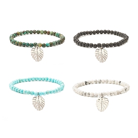 Bracelet extensible en perles rondes avec pierres précieuses naturelles et breloque feuille, bijoux en pierres précieuses pour femmes