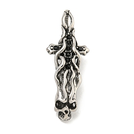 316 Surgical Stainless Steel Pendants, with Rhinestone, Cross with Skull Charm