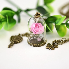 Butterfly & Key & Glass Dried Flower Wishing Bottle Pendant Necklace, with Antique Bronze Alloy Cable Chains