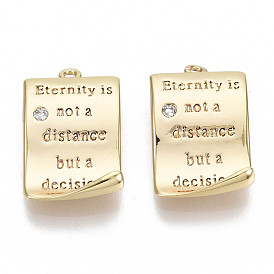 Brass Micro Pave Clear Cubic Zirconia Quote Pendants, Rectangle with Word, Nickel Free