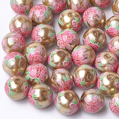 Printed & Spray Painted Imitation Pearl Glass Beads, Round with Flower Pattern