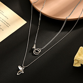 Stylish Double-Layered Butterfly Titanium Steel Necklace with Minimalist Circle Clasp Pendant - Perfect Gift for Memories