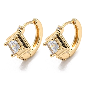 Brass with Clear Cubic Zirconia Hoop Earrings, Rectangle